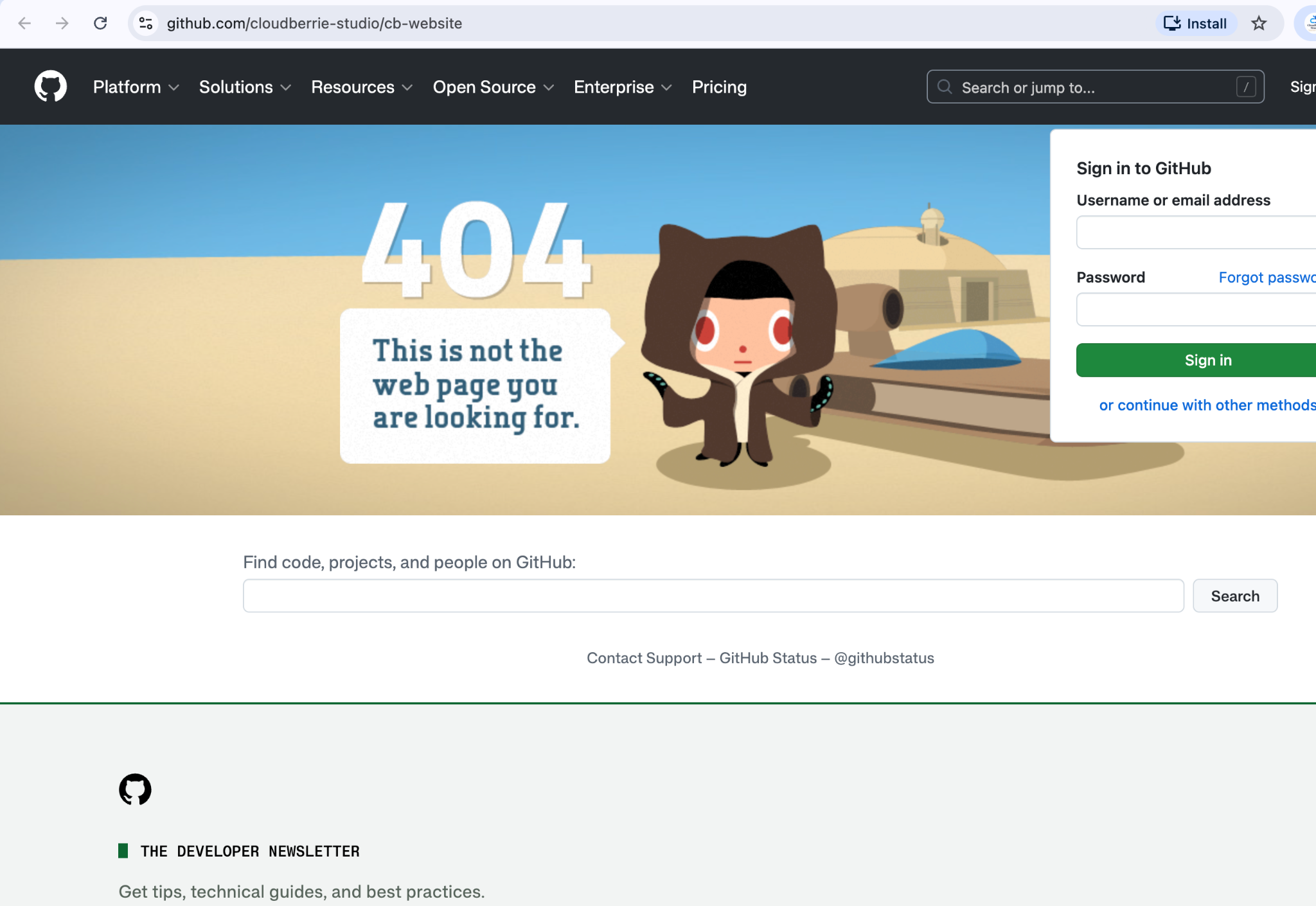 GitHub private repository 404 page